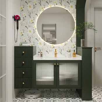 Moderno E Minimalista Inteligente Espelho Do Banheiro, Pia, Armário Combinação De Luz De Luxo Em Madeira Maciça Casa De Banho Em Ardósia Gabinete