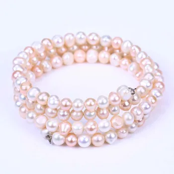 natural 3 linhas clássicas pulseira de água doce de batata de contas de pérolas de branco, cor-de-rosa pulseira jóias de alta qualidade pulseira