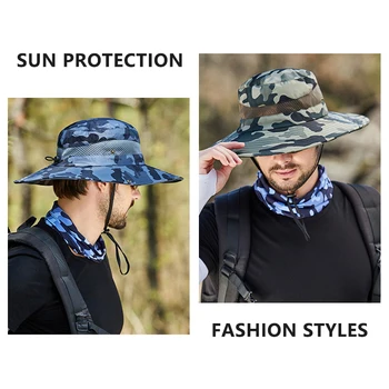 Proteção UV, Chapéu de Sol para os Homens, as Mulheres de Pescadores Unissex, Balde, Chapéu de Aba Larga Táticas de Pesca ao ar livre, Caminhadas Chapéu Ajustável