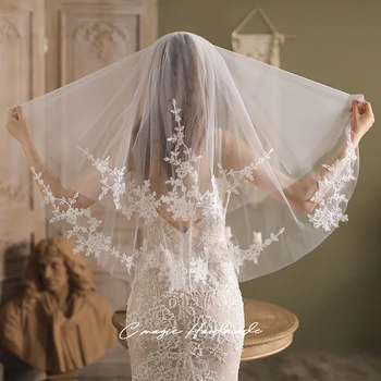 2022 nova francês renda vintage véu de noiva branco duplo casamento tiara de casamento adereços fotografado