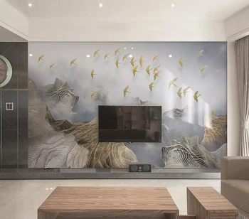 Decorativos, papel de parede Novo Chinês 3D Concepção Artística Paisagem de Linha de Ouro Pássaro TV na Parede do Fundo