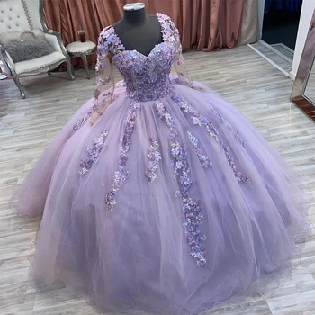 lavanda, lilás Vestido Quinceanera Mangas compridas Apliques de Cristal, a Princesa Doce 16 Vestido de baile Vestidos De 15 Anos