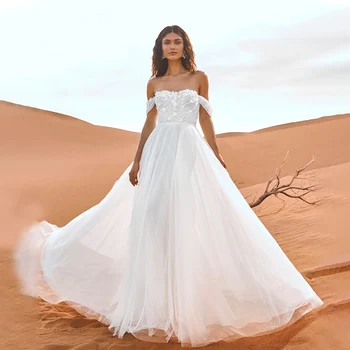 Luxo Querida Decote Vestido de Noiva Uma linha Fora Do Ombro Apliques de Renda sem encosto Vestido de Noiva Robe De Mariée