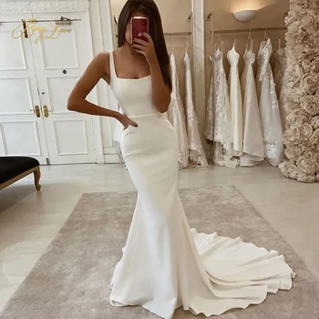 Simples Crepe Vestido De Noiva Sereia 2021 Tiras De Pescoço Quadrado De Trem De Comprimento Rabo De Peixe Vestido De Noiva Do Casamento Da Noiva