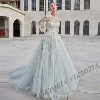 VIKTORIA Princesa Azul Vestidos de Noiva Removível Xale de Renda de Tule Para as Mulheres, A LINHA de Apliques de Vestidos De Noiva Personalizados Feitos