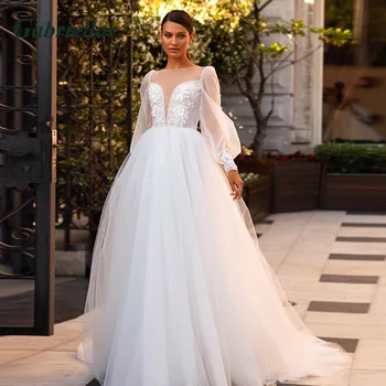 Gabriellar Clássico Ilusão de Vestidos de Noiva Para Noiva COLHER Apliques Escova Vestido de Casamento de Trem Robe De Mariée Feito À Ordem
