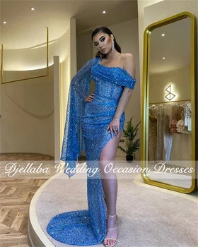 2022 Sexy Azul Sereia De Baile, Vestidos De Um Ombro Lantejoulas Brilhantes Vestidos De Festa Formal Vestidos De Robe De Soirée