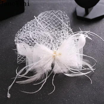 JaneVini Penas Brancas Fascinator Casamento Chapéu de Noiva, Acessórios de Cabelo Vintage Gaiola de Malha Véu Chapéus do Partido para as Mulheres da Noite