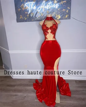 Vermelho Sexy Sem Encosto De Veludo Com Gola Alta, Vestidos De Baile, De 2023 Para Meninas Pretas Ilusão De Lantejoulas Festa De Aniversário De Vestidos De Robe De Bal