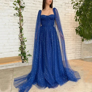 Sem Alças Longas Envoltório Azul Royal Pregas Do Assoalho-Comprimento Tule Uma Linha De Vestidos De Noite Vestidos De Baile Robe De Sarau