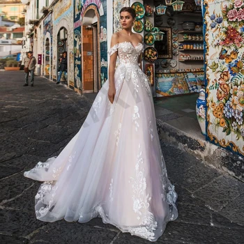 Luxo Vestidos de Noiva Apliques de Flore Formal Vestidos De Noiva Ombro Fora de Uma Linha de Ilusão Elegante Manto de mariee