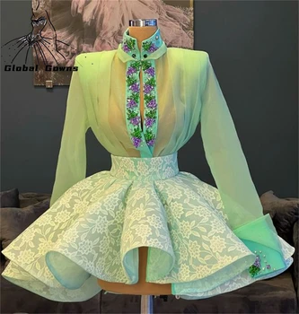 Grama Verde 2 Peças De Alta Pescoço Curto Prom Vestidos De 2022 Frisado Mini-Vestido De Cocktail De Cristal Festa De Aniversário De Vestido Inchados De Regresso A Casa