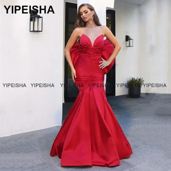 Yipeisha Querida Sereia Vestido de Baile com Grande Arco Longo Vestido de Noite de Cetim Vermelho Festa Formal Desgaste de Dança 2022 Vestido de Festa