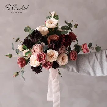 PEORCHID Vintage Borgonha Bouquets de Noiva Para Noiva Segurando a Flor Rosa Artificial Buque De Casamento Peônia Falso Buquê