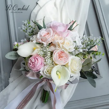 PEORCHID Artificial Branco cor-de-Rosa as Rosas de Noiva, Buquê de Flores Ramo De Noiva de Luxo, Peônia Lírio de Calla Buquê de Casamento Para a Noiva