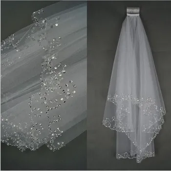 Branco/marfim mulheres de véu de noiva, 2 camadas, 75 cm, feitos à mão, lantejoulas, missangas o pente, acessórios do casamento