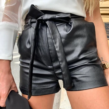 Kayotuas Mulheres Shorts Sexy de Couro Preto Inglaterra Estilo PU Cintura Alta Cor Sólida Laço Com Cinto de cadarço Calças