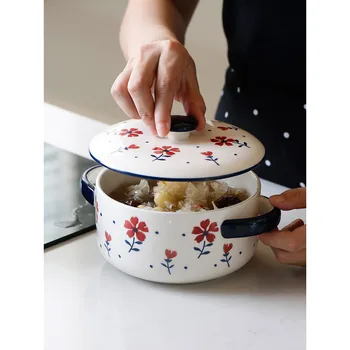 6 polegadas soup bowl com tampa dupla de preensão manual cerâmicos pintados à mão floral em vidro criativo sobremesas tigelas de ramen 520ml