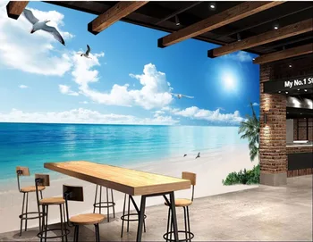 3d papel de parede azul do céu, a praia do mar gaivota coqueiros decoração de pintura Personalizada mural de fotos em 3d murais de parede papel de parede para parede 3 d