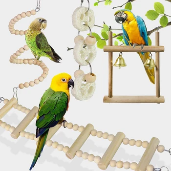 8Pcs Gaiola do Pássaro Brinquedos Para Papagaios de Madeira Aves Balanço de Suspensão de Mascar Mordida Rack Brinquedos Esferas Forma Papagaio de Brinquedo Pássaro Brinquedos