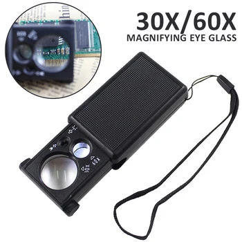 1 Pc de Alta Qualidade 30X/60X Jóias de Leitura de Bolso Lupa de Ampliação Olho de Vidro UV Microscópio de Luz LED Lente de Lupa Ferramenta