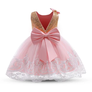 O bebê Meninas Aniversário Vestido de Batismo Infantil Princesa Vestido de cor-de-Rosa na altura do Joelho tutu de Tule VestidosToddler Crianças Estrelado de Lantejoulas Roupa