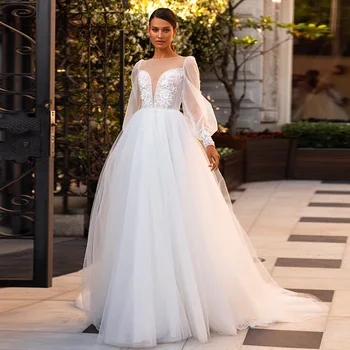 Longo de Uma linha-Ilusão Luva Cheia de Vestidos de Casamento de Mulheres Boho Apliques de Renda Noiva Maxi Vestido Moderno Andar Vestido de Noiva Comprimento