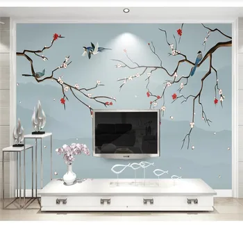 XUE SU Personalizado mural de parede de família na parede do fundo novo estilo Chinês, flores e pássaros pintados à mão na parede do fundo ameixa