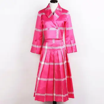 primavera, outono, moda de nova listrado impressão casaco+cintura alta saia plissada dois conjuntos de peças