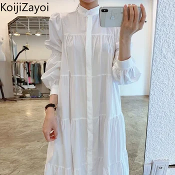 Koijizayoi Branco Maxi Camisa Branca Do Vestido De Mangas Compridas Único Breasted Chique Coreano Vestidos Em Linha Reta Solta Vestidos Primavera, Outono