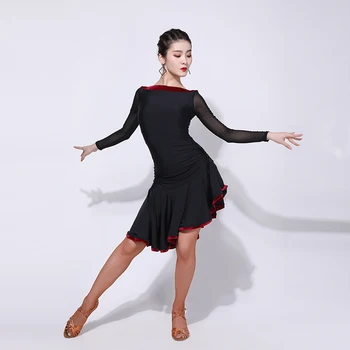 Novas Mulheres Latino-Competição De Dança Vestidos Sexy De Malha Com Manga Longa Prática Padrão Vestido Feminino De Salão De Baile De Samba De Roupas