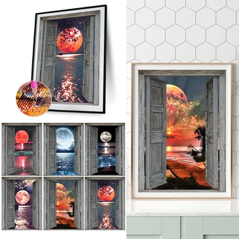 DIY 5D Mosaico Completo Broca de Diamante Forma Redonda Porta do Mar Lua de Resina Pintura Kit de Strass de Desenho, Artesanato, Casa, Decoração do Quarto Presentes
