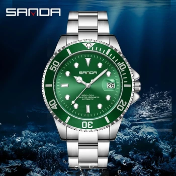 SANDA Água Verde Fantasma Homens Novos Relógios de Aço Inoxidável do Relógio Mecânico Moda disco Simples de Calendário Luminosa 30M à prova d'água