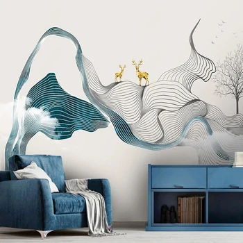 Personalizado Mural de Parede Estilo Chinês 3D Resumo de Tinta da Linha de Fumaça Paisagem Concepção Artística de Alce na Parede do Fundo da Pintura Mural