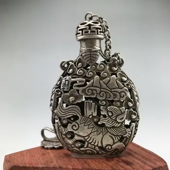 Chinês, Tibetano antigo prata rapé garrafa de mão-carved dragão Chinês padrão