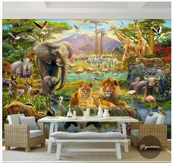 Personalizado High-end mural 3d papel de parede murais de parede de Floresta do elefante, leão, girafa antílope floresta mundo animal crianças de pintura de parede