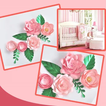 Rosa cor de rosa DIY Flores de Papel Folhas Definido Para o Aniversário de Cenários de Decoração de Bebê Menina Viveiro de Parede Deco Floral Artesanato de Quarto de Crianças de Arte