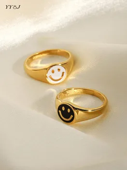 Sorriso feliz cara de esmalte de anéis para as mulheres de aço inoxidável preto branco anéis de sinete para melhores amigos amizade casal bonito jóias