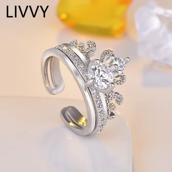 LIVVY Cor de Prata 2PCS Elegante Coroa de Casamento Anel de Noivado para a Mulher de Cristal de Zircão do sexo Feminino Moda Jóias Presentes