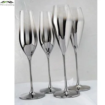 2PCS/MUITO Brilho de metal Prateado de champagne flautas de Cristal para casamento/festa de vinho tinto copo de brandy cálice de óculos de taza de vidrio