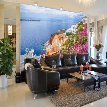 Ilha de Santorini, Grécia Brilhantes Flores Coloridas Foto Papéis de parede para Sala de estar Mediterrâneo Mural 3D Papéis de Parede Decoração da Casa