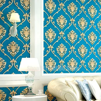 Azul de Ouro em Relevo Damasco papel de Parede Quarto sala de estar de plano de Fundo Padrão Floral de Textura em 3D Papel de Parede Decoração da Casa