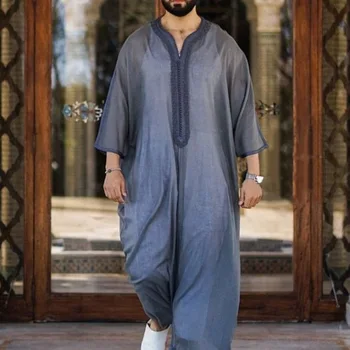 Homens Retro, Moderno, Casual Solta Cor Sólida de Vestuário Islâmico Eid Ramadã Muçulmano Moda de Pescoço de V Caftan Manto Conjuntos de vestuário islâmico