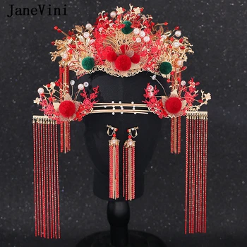 JaneVini Tradição Chinesa Vermelho De Noiva Cocar De Pérolas Antigas Grampos Coloridos Pompom Borlas De Casamento Jóias E Acessórios Para O Cabelo