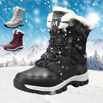 Botas de neve de Mulheres de Pelúcia de Alta de Tornozelo Sapatos de Inverno Super Quente Impermeável Botas Femininas do Não-deslizamento ao ar livre, Caminhadas Trekking Botas Mujer