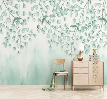 XUE SU Personalizado mural de parede simples, pintadas a mão planta fresca de folha de pintura de decoração de interiores na parede do fundo, abrangendo