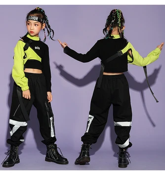 Meninas Jazz Trajes Moda Hip-Hop Terno Outono Tops de Manga Longa Para as Crianças de Rua de Roupa de Criança Passarela Show de dança Vestuário