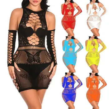 Erótico Mulheres Ocos Ver Através Bodycon Mini Nightdress do G-String Pijamas vestidos sexy para as mulheres 2021